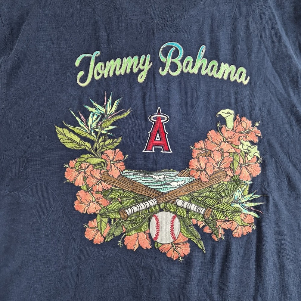 Tommy Bahama Los Angeles Angels Camp Shirt Men XL Blue Silk Embroidered Baseball